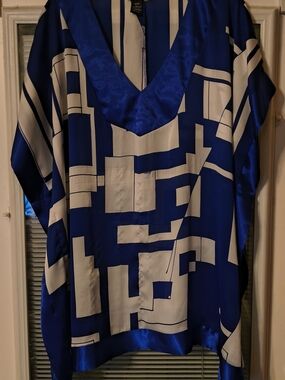 Lane Bryant Blue and White Geometric V-Neck Blouse with Trim